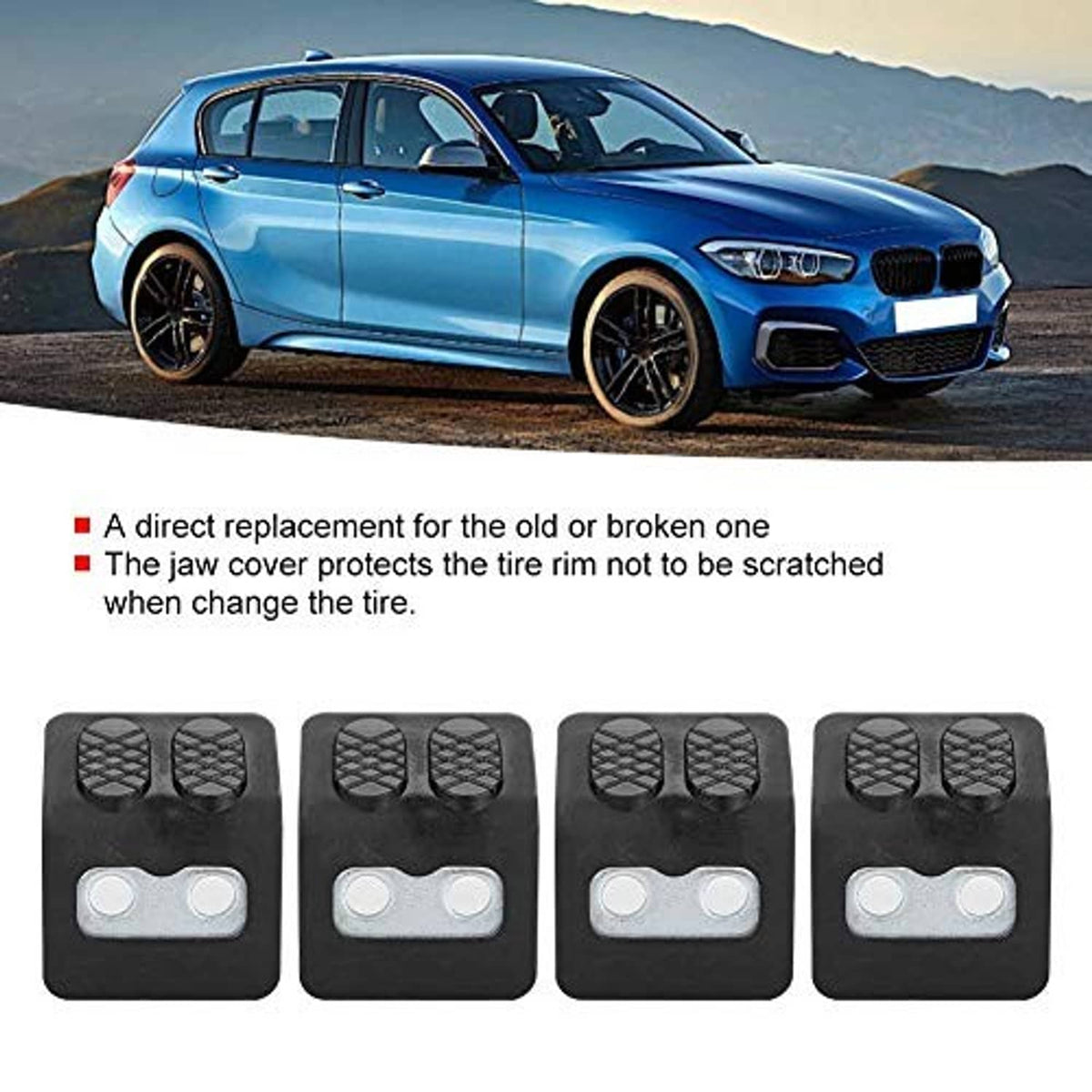 Four black tire rim jaw covers with textured grip pads and silver double-hole inserts