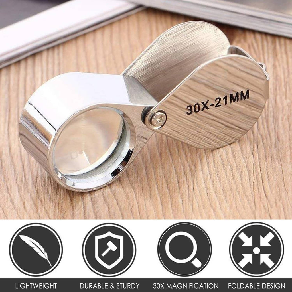 Foldable 30X-21MM pocket magnifier with metal lens and hinged cap