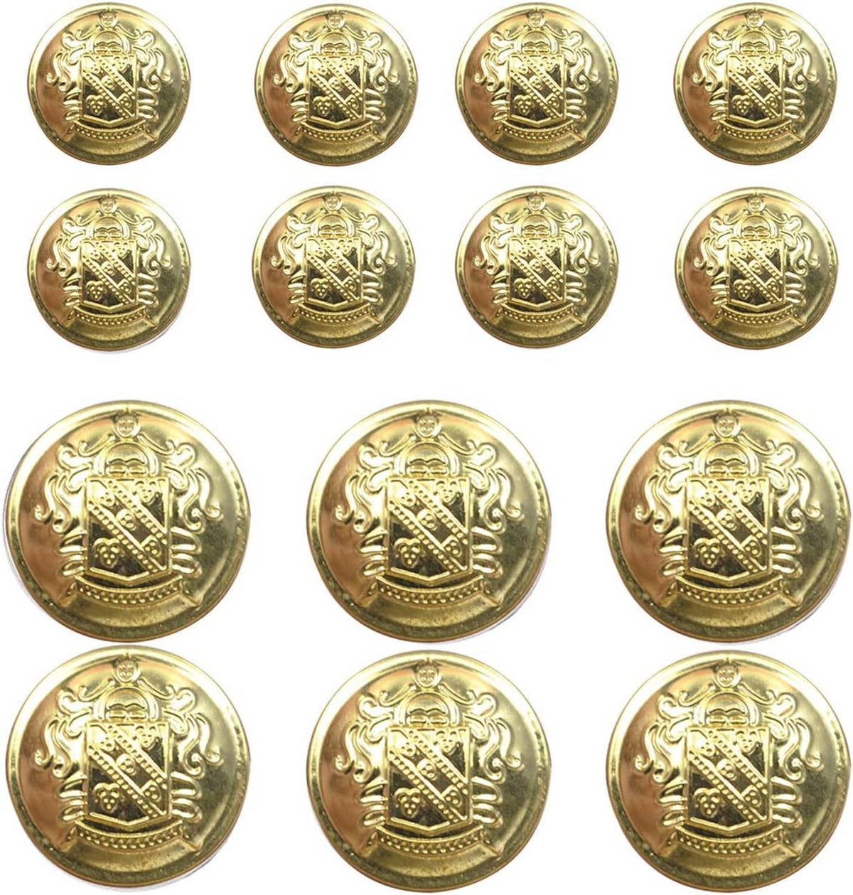 Gold metal blazer buttons with detailed crest pattern on round button faces