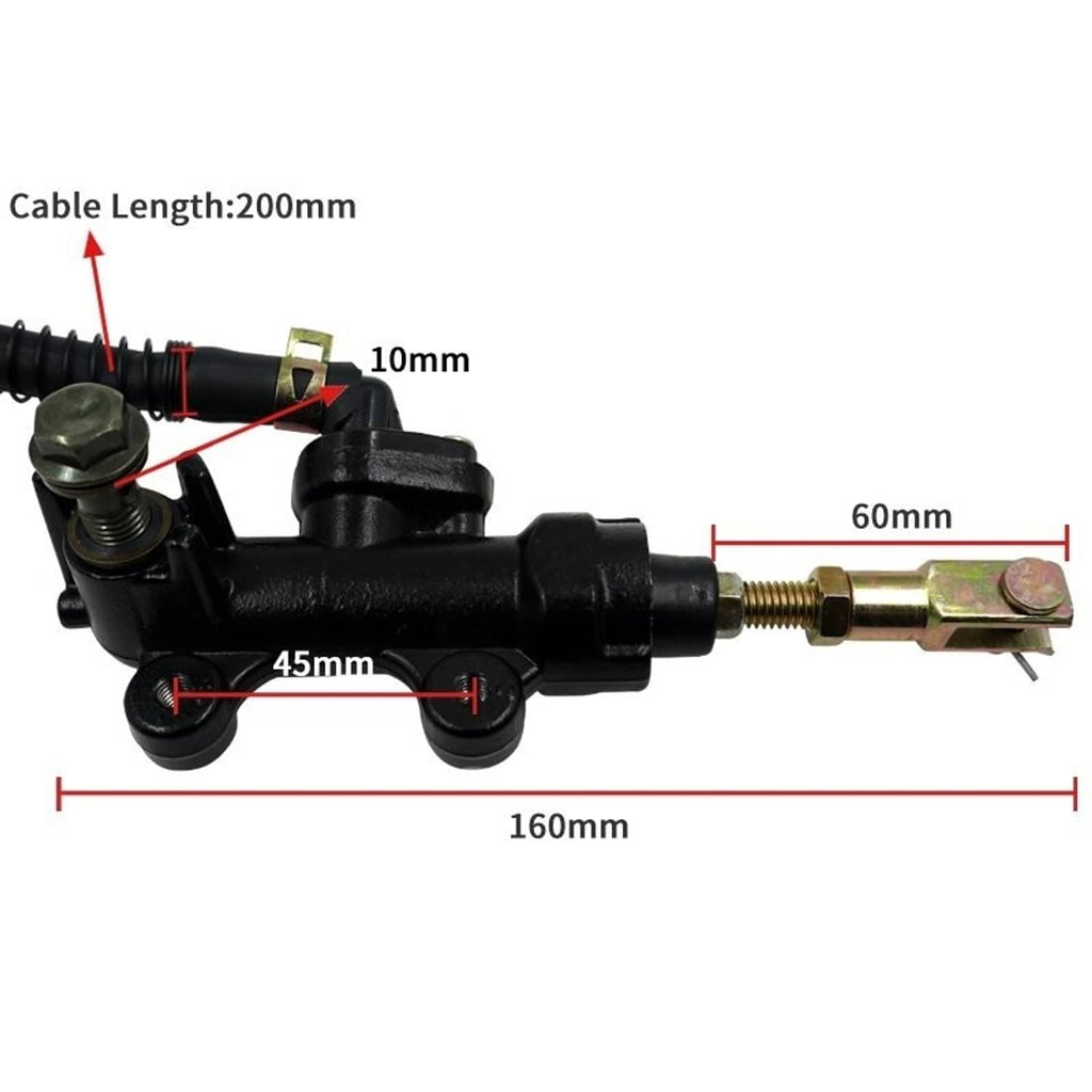 Rear brake master cylinder pump with metal pushrod and mounting base