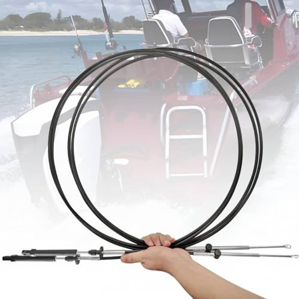 Throttle and shift remote control cable set held in hand, black wire and silver rods