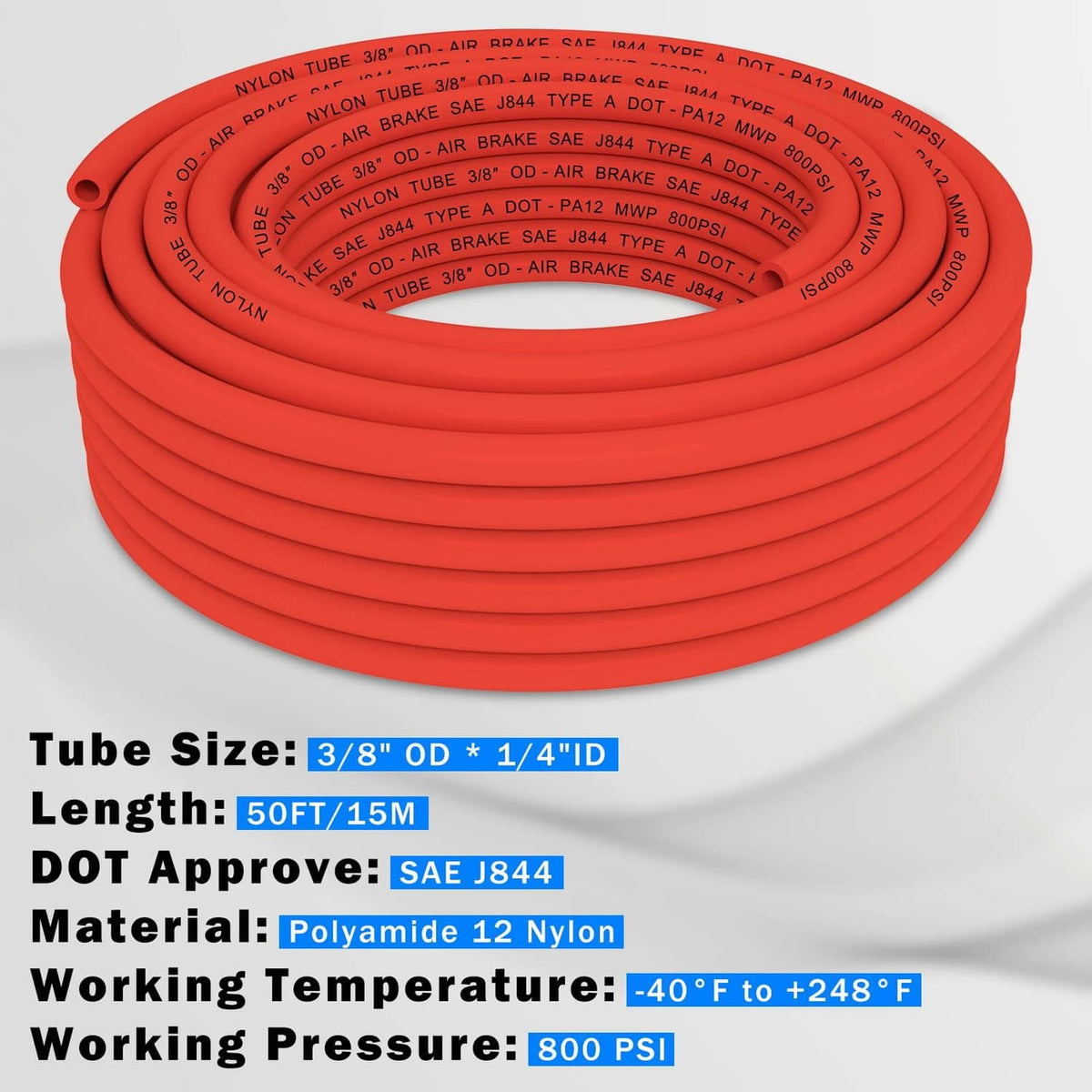 Red coiled nylon air hose: 3/8 in OD, 50ft length, 800 psi working pressure.