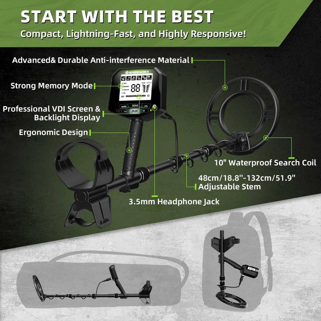 Black waterproof metal detector with circular search coil, control unit, and adjustable stem