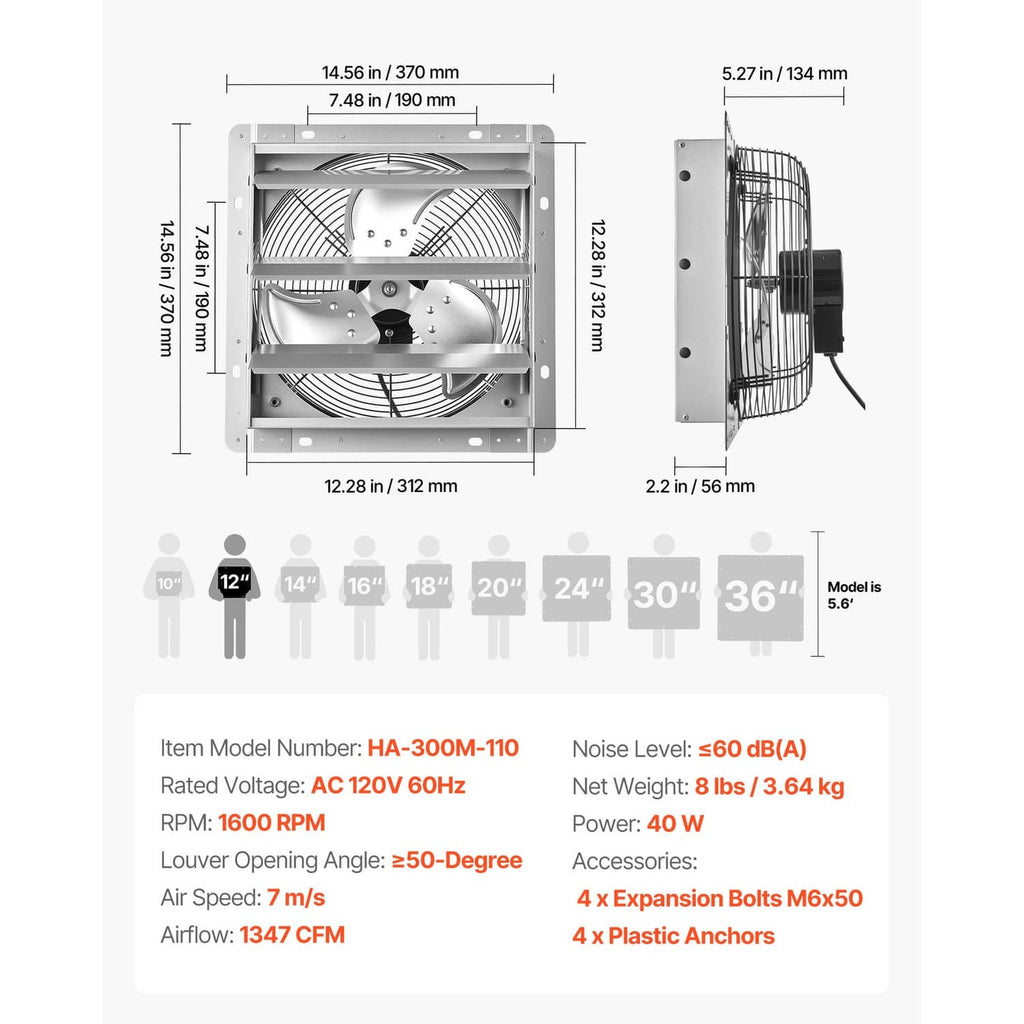 Wall exhaust fan size and airflow diagram, silver louvered vent frame