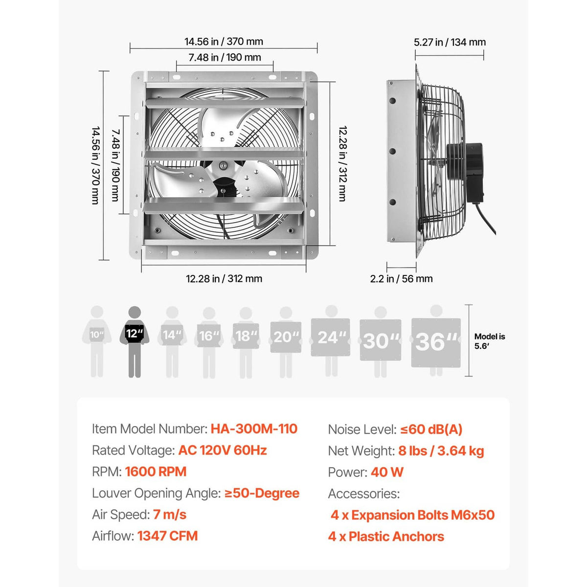 Wall exhaust fan size and airflow diagram, silver louvered vent frame