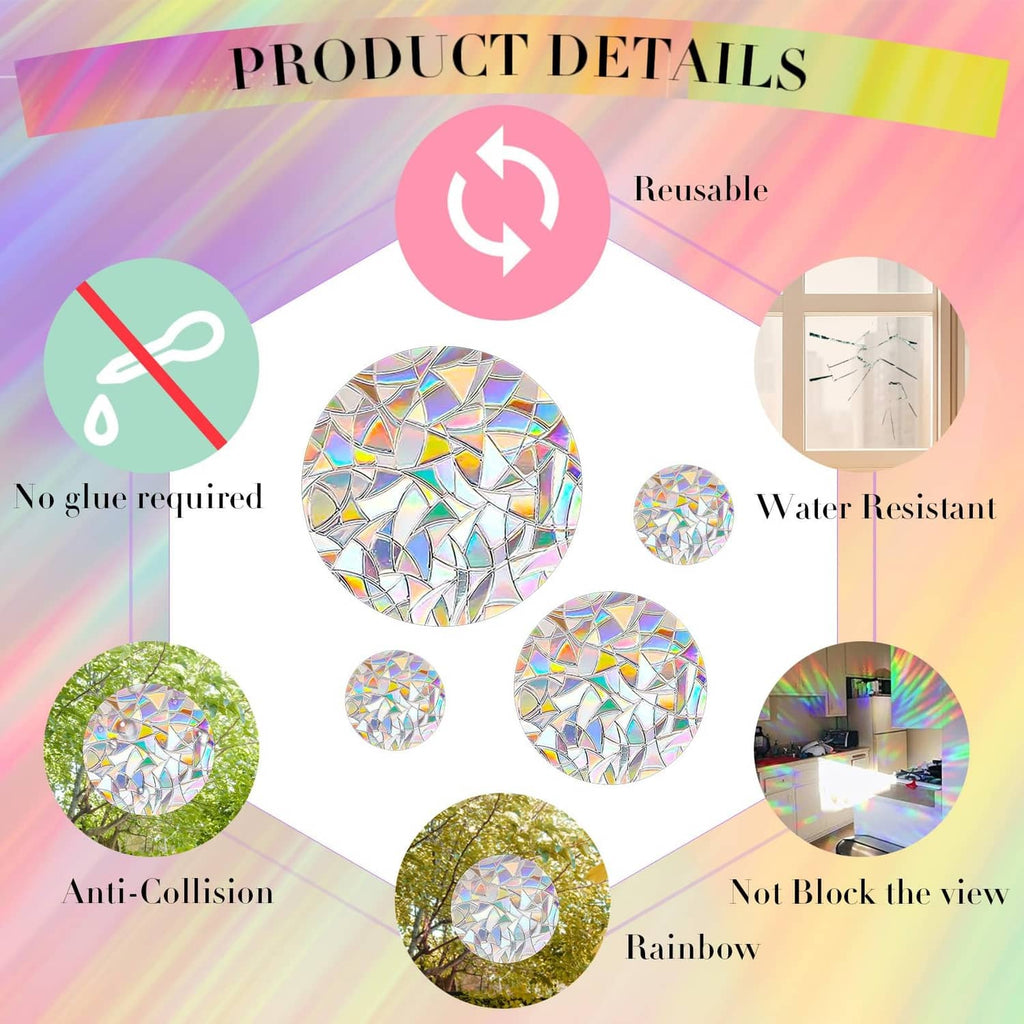 Prism window decal features icons: reusable, water-resistant, no glue, anti-collision