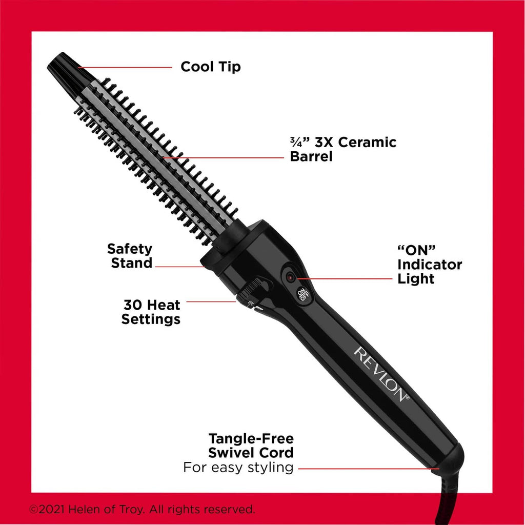 Black curling brush iron with cool tip, safety stand, and styling indicators