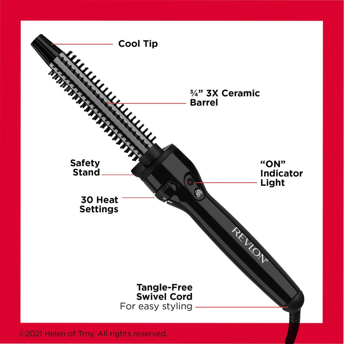 Black curling brush iron with cool tip, safety stand, and styling indicators