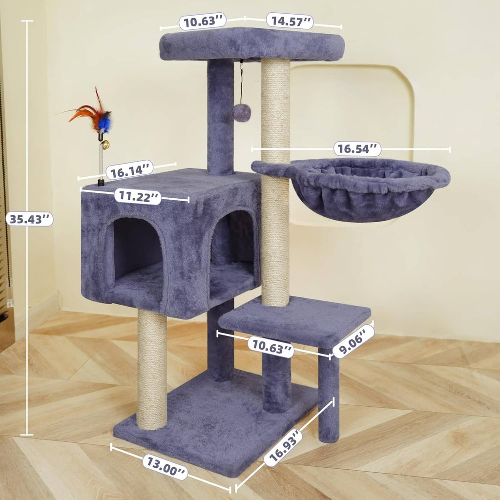 Blue-gray cat tree with enclosed condo, steps, hanging hammock, and beige sisal scratching posts