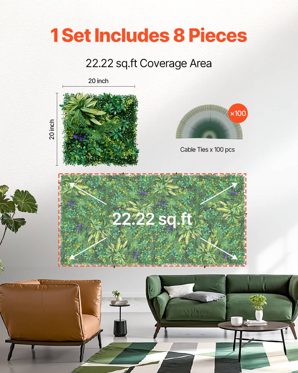 Artificial greenery wall panel bundle layout showing 8-piece coverage and green sheets