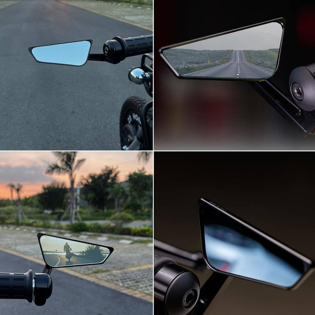 Motorcycle bar-end mirror with blue lens mounted on handlebar, road reflection