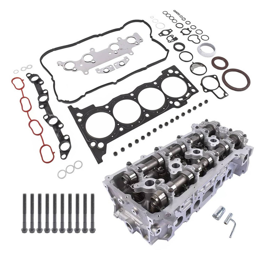 Cylinder head gasket set with angled cylinder head, head gaskets, and assorted bolts and rings