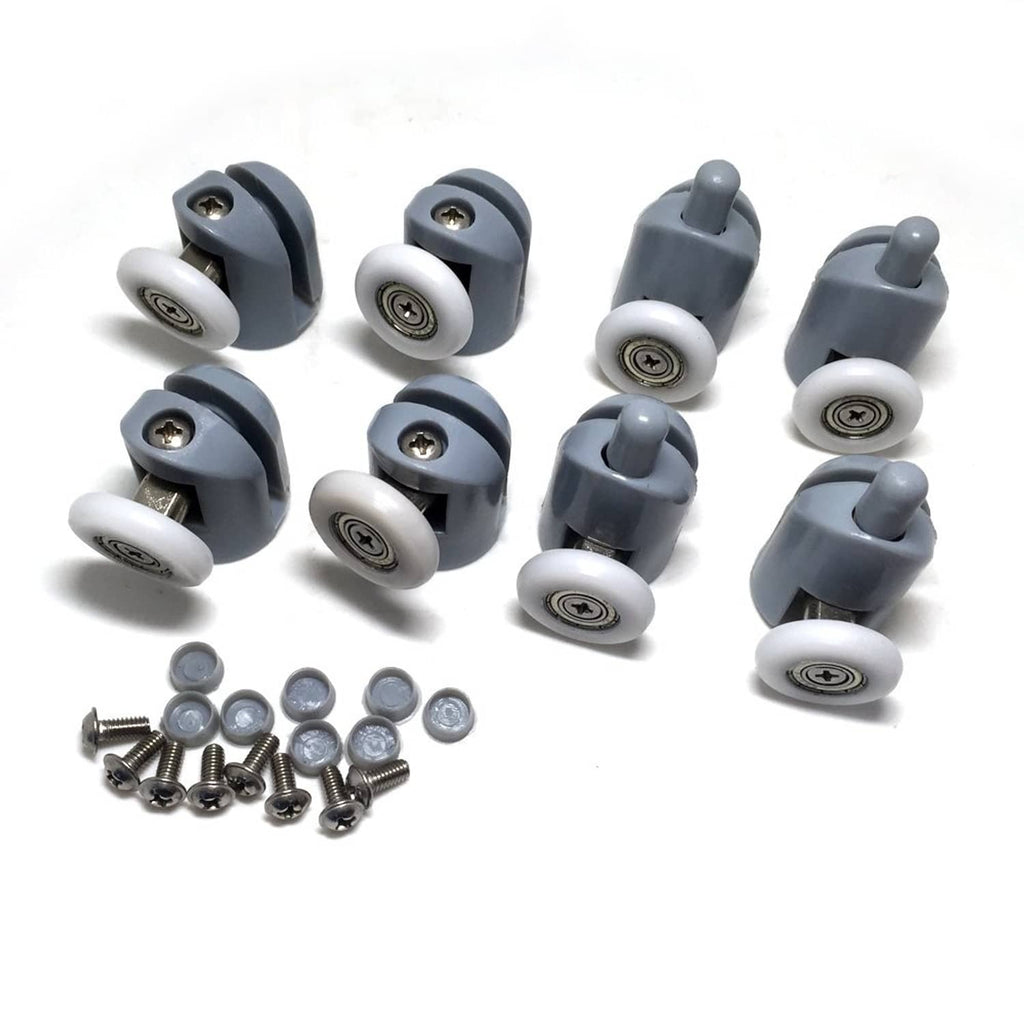 Set of gray shower door rollers with white wheels and bolts, 8-pack