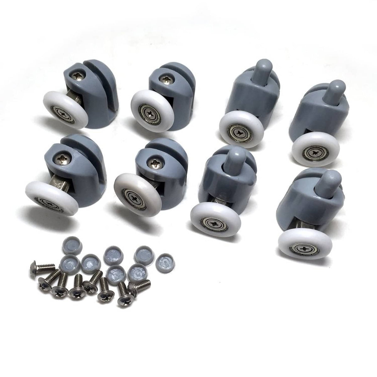 Set of gray shower door rollers with white wheels and bolts, 8-pack
