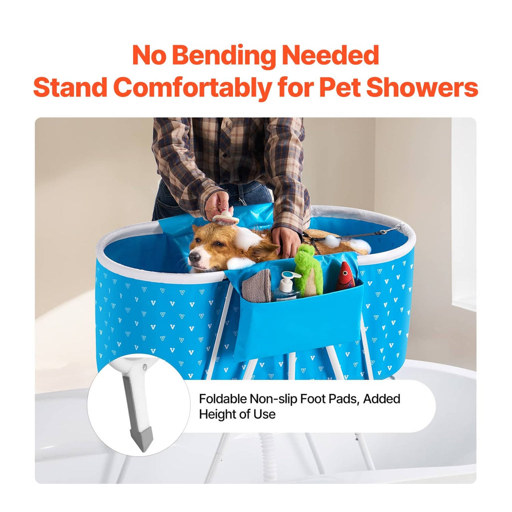 Elevated dog bathtub with blue tub, raised side handle, and non-slip foot pads