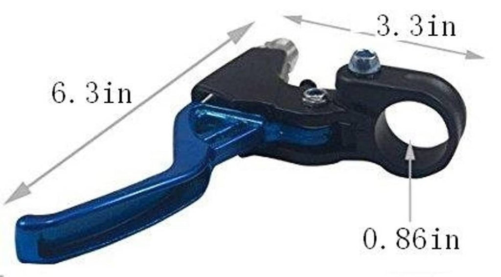 Black and blue bicycle brake lever handle with silver cable adjuster.