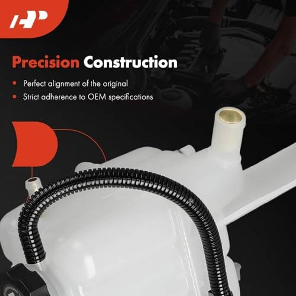 White coolant overflow reservoir tank with black corrugated hose and metal fitting
