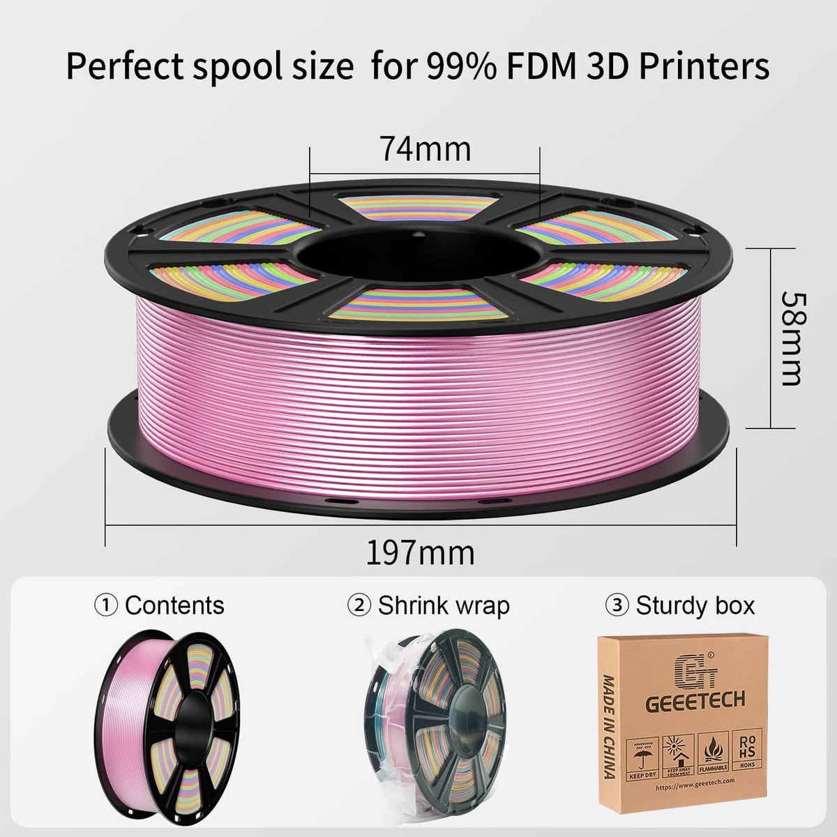 Pink silk PLA filament spool with box and shrink-wrapped reels for FDM printers