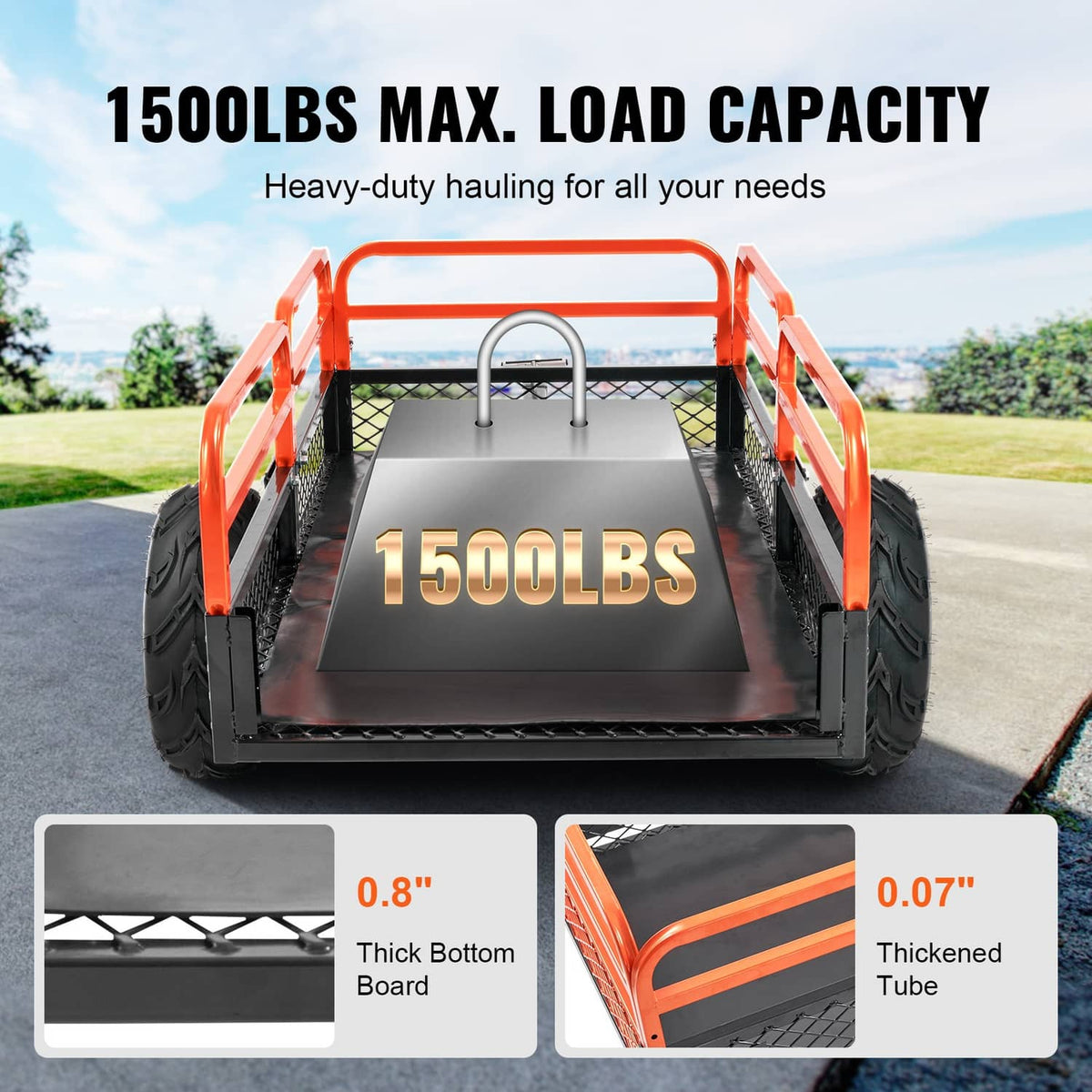 Front view steel tow-behind dump cart with orange frame, black mesh sides and bed