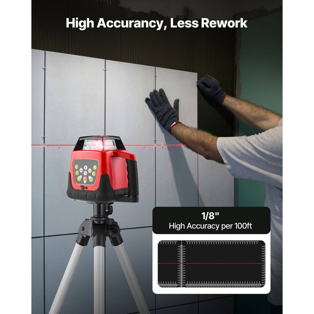 Red self-leveling laser level on tripod with control panel facing forward