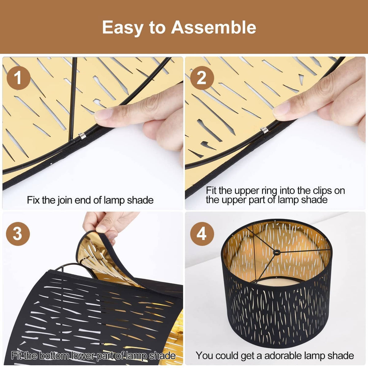 Black drum lampshade with gold streak pattern, step-by-step assembly showing installed shade