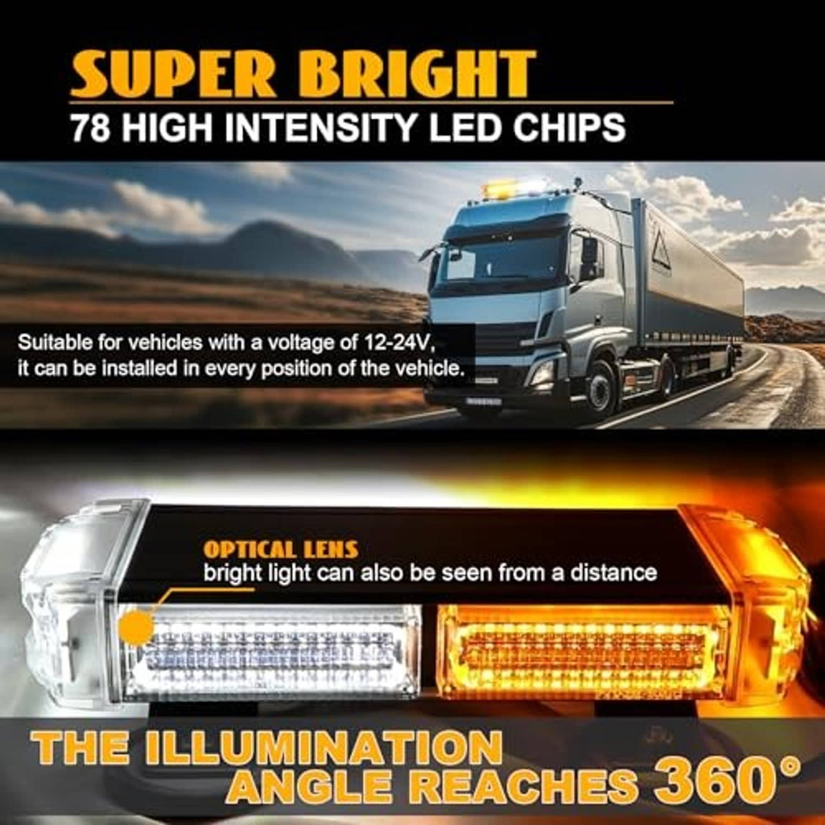Amber and white LED strobe light bar unit with clear lens housing, shown on mount