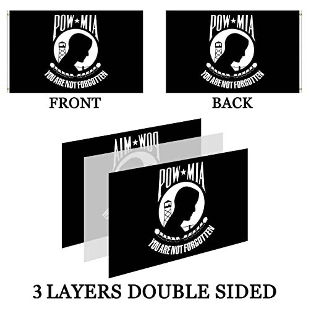 Black POW*MIA flag front and back design diagrams with circular emblem
