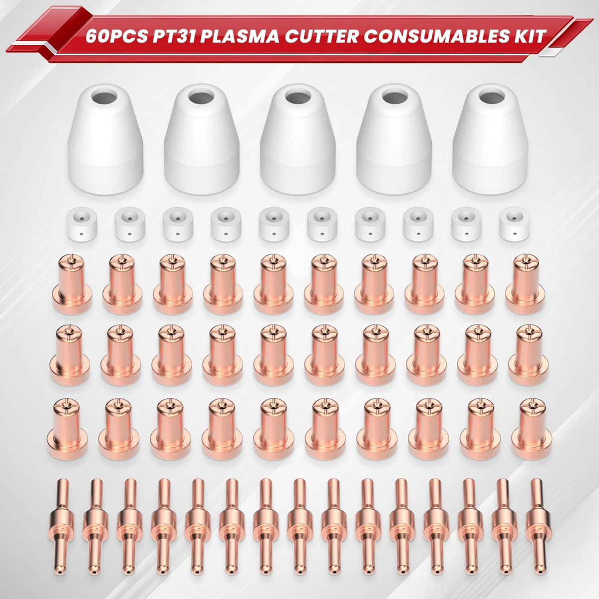 60-piece plasma cutter consumables set with white shield cups and copper electrode tips