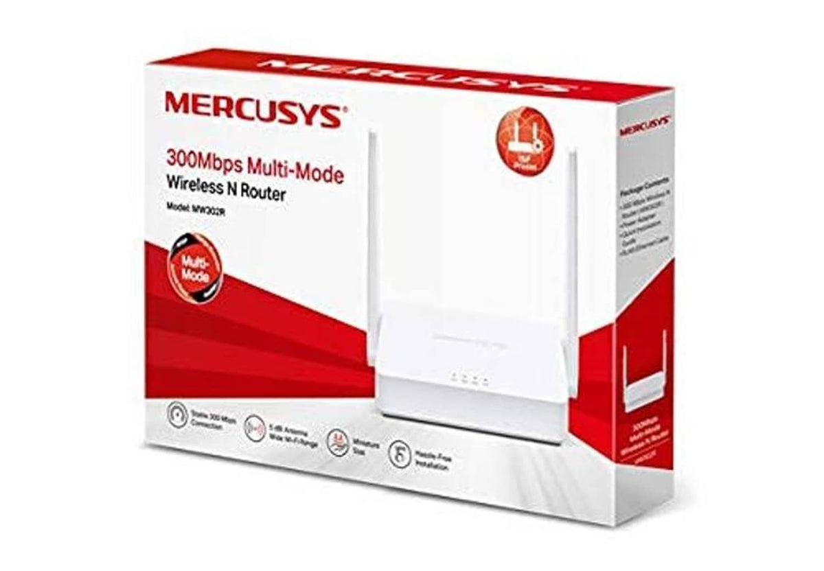 Mercusys router retail box, 300Mbps multi-mode Wi‑Fi router packaging