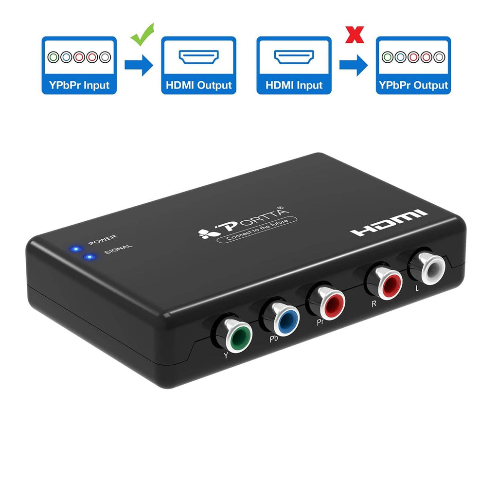Black HDMI component to HDMI converter with colored RCA inputs, power LED, and HDMI output