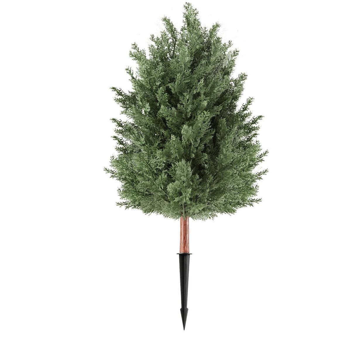 Artificial cedar topiary bush with dense green foliage, brown stem and black stake