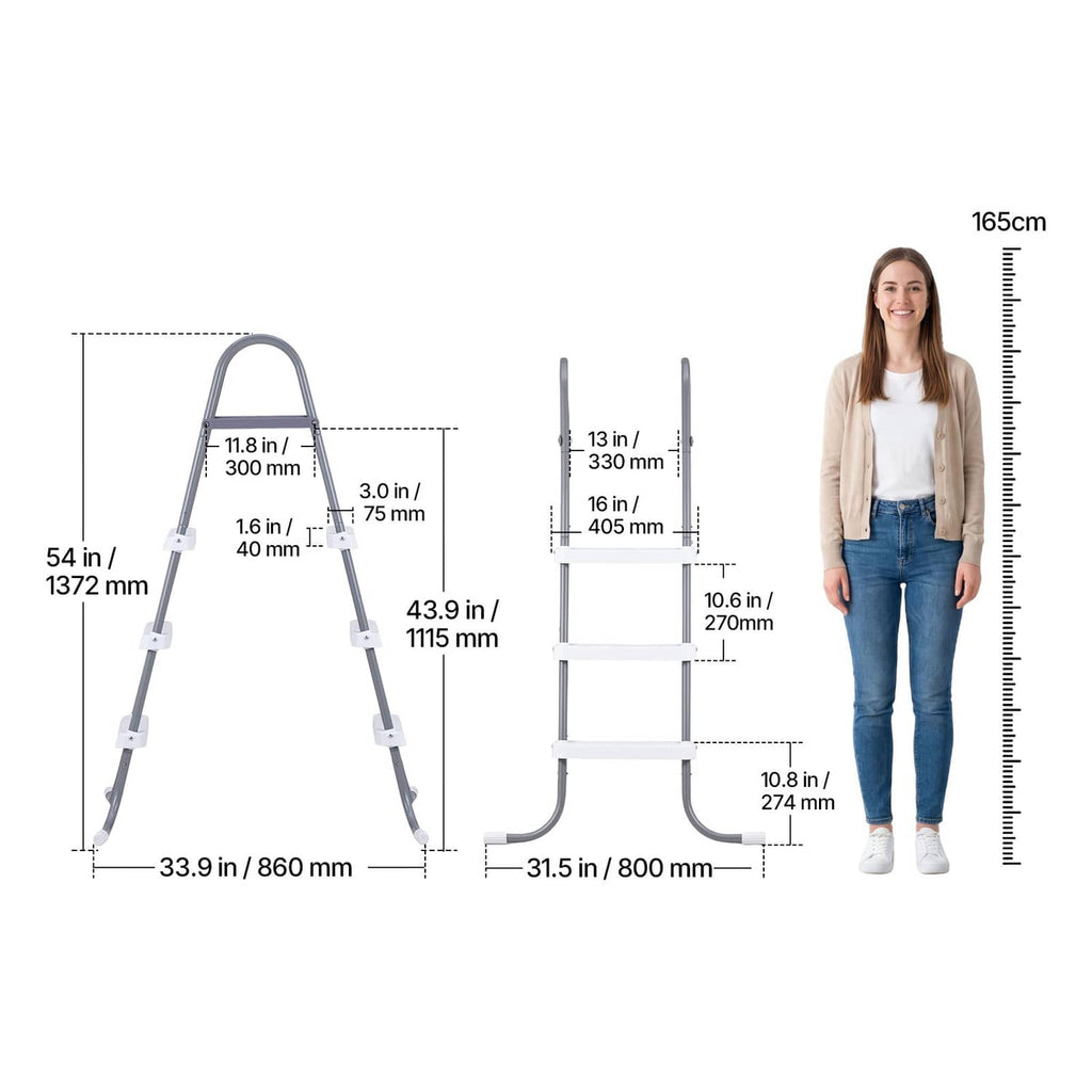 3-step A-frame pool ladder shown with height scale and wide step spacing