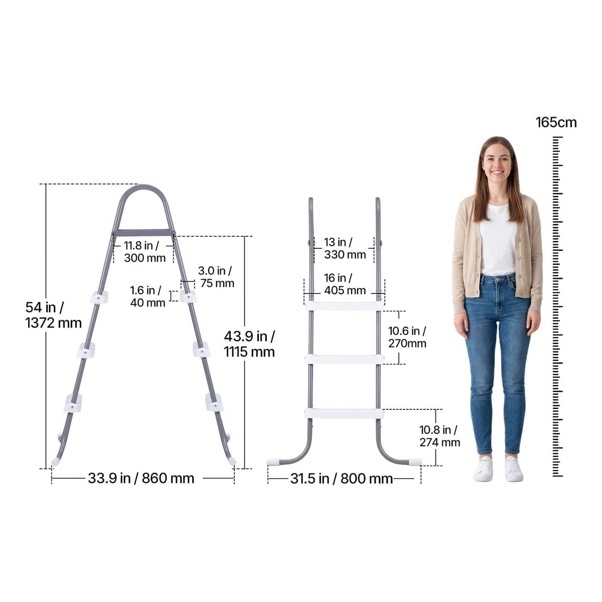 3-step A-frame pool ladder shown with height scale and wide step spacing