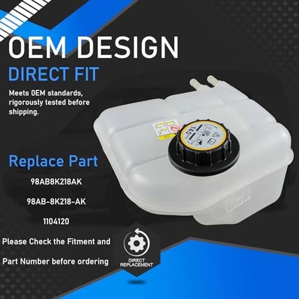 White coolant overflow reservoir tank with black pressure cap and warning label