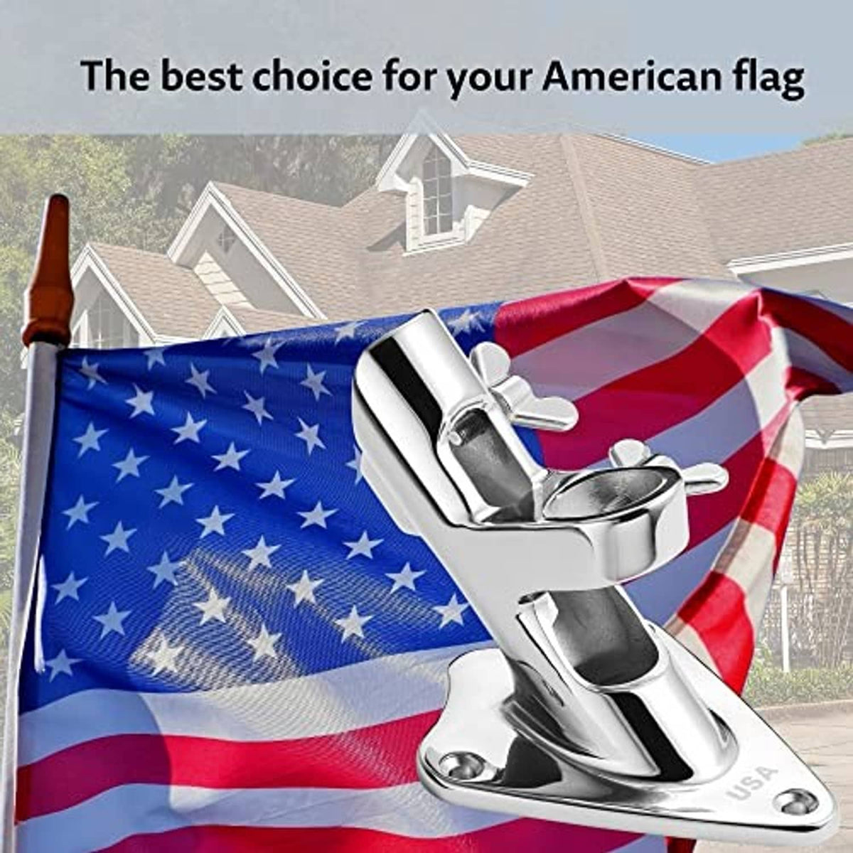 Polished stainless steel flag pole holder mounted on base plate holding a flagpole