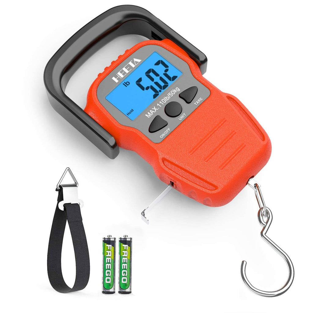 Orange digital fish scale with backlit LCD, hanging hook, and webbing strap