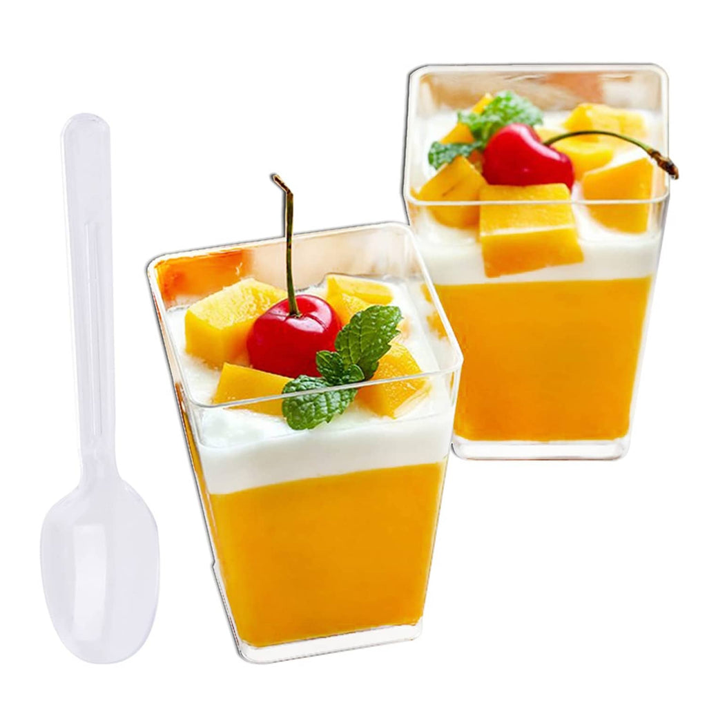 Clear square plastic dessert cups with spoon, filled with layered fruit pudding