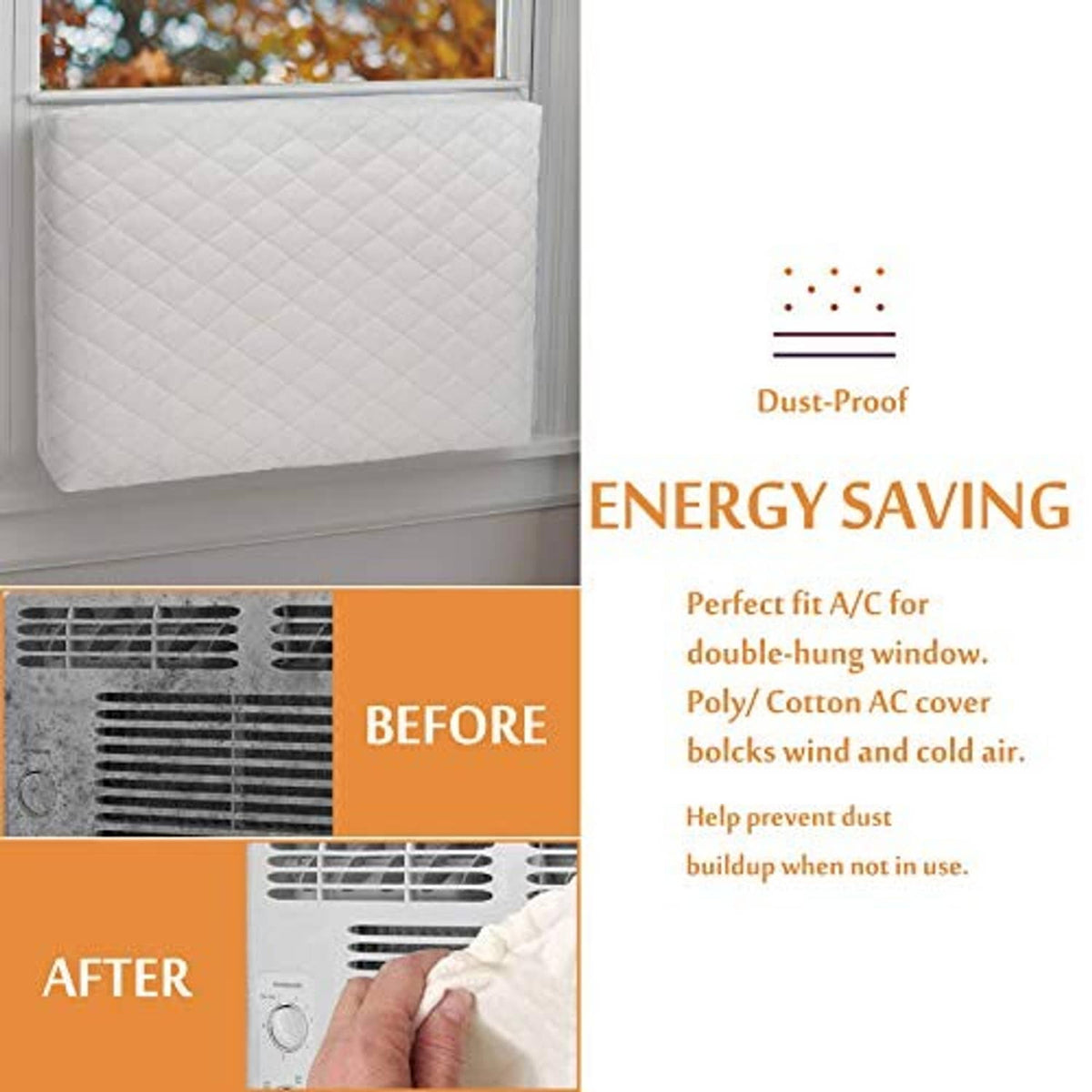 Beige quilted indoor AC cover for double-hung window, dust-proof style cover panel