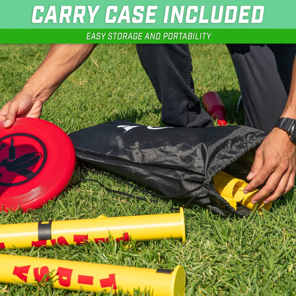 Tipsy Toss carry case with flying disc and yellow poles arranged for storage