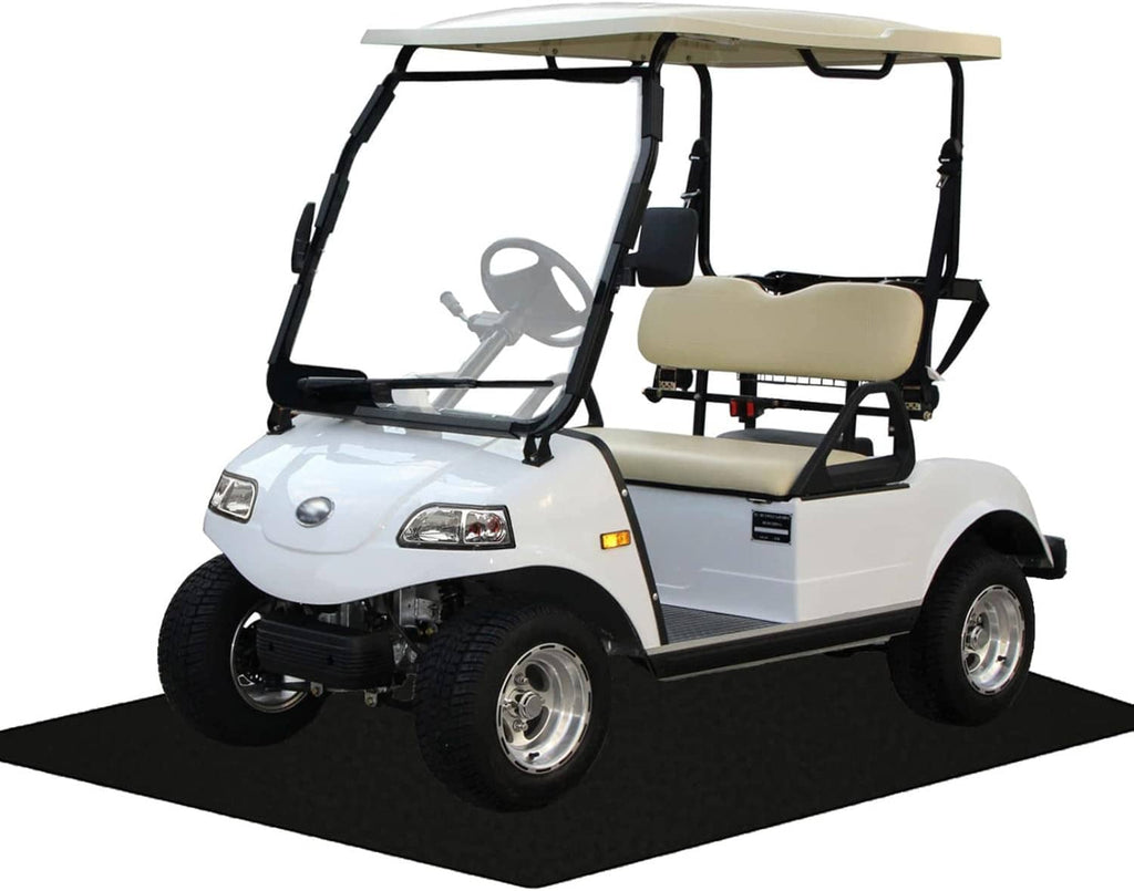 Black oil spill mat under golf cart, waterproof absorbent base