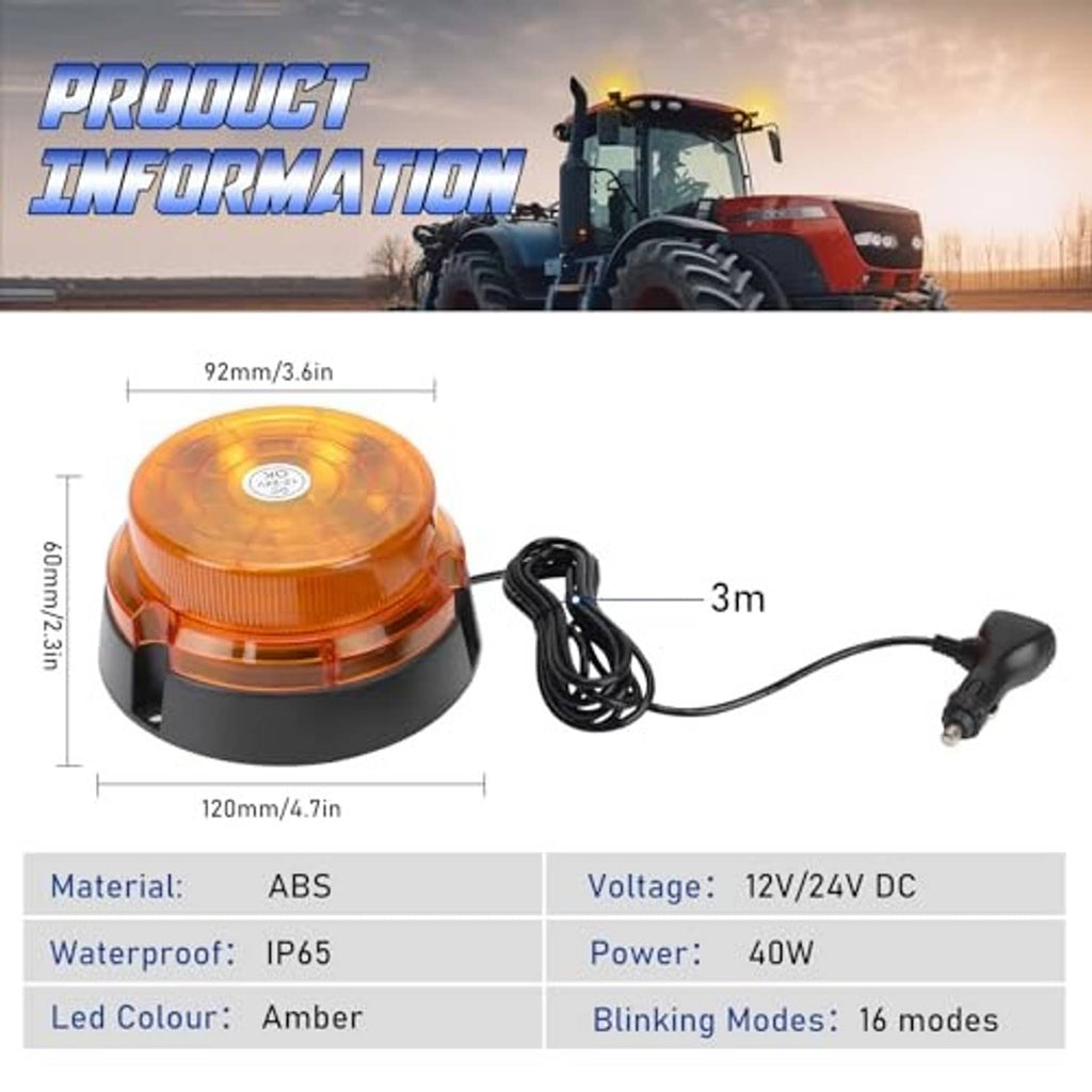 Amber LED strobe beacon with black base and 3m power cable, size diagram