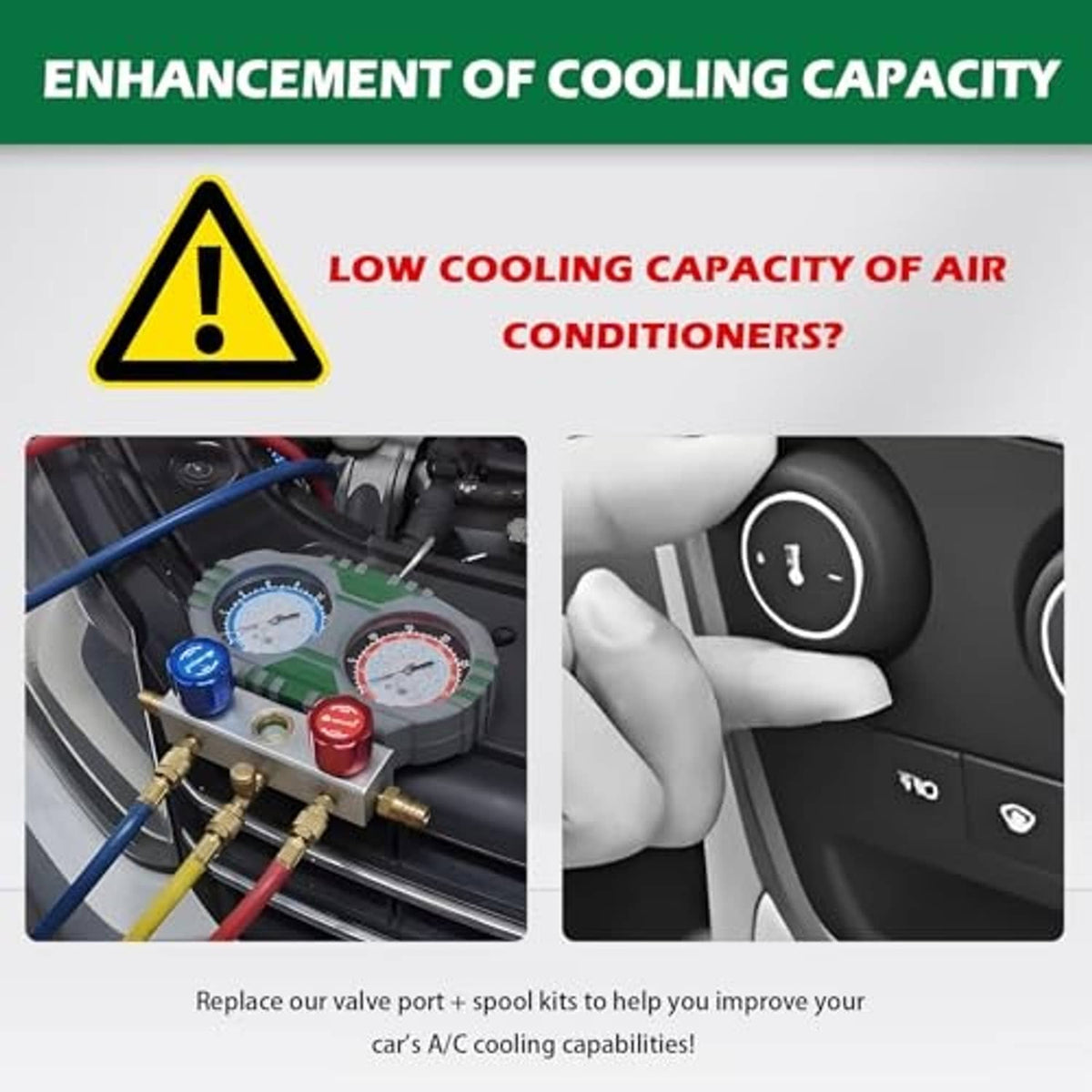 Car AC valve core kit shown with A/C service fittings and an adjustment at a valve port