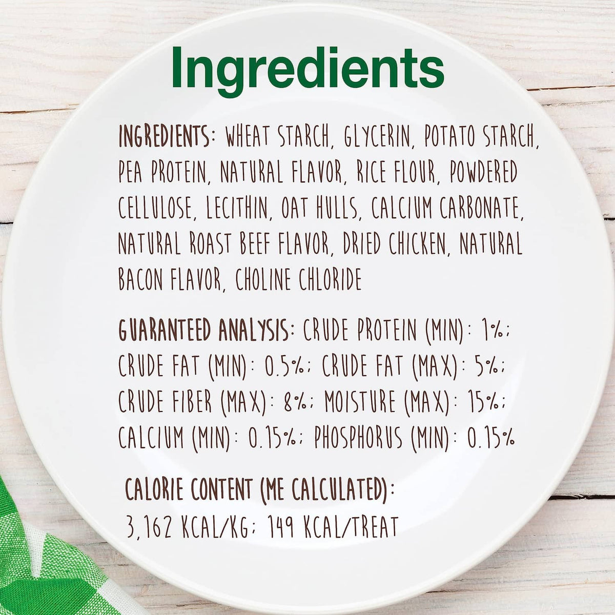 Dog chew treat ingredients and guaranteed analysis panel