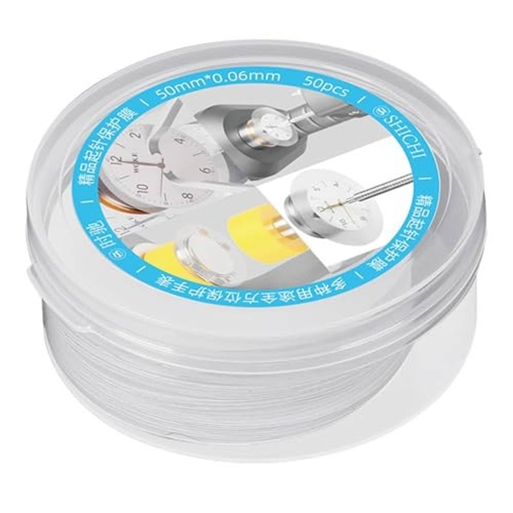 Clear round watch dial case back pad protectors, stacked discs in a sheet pack