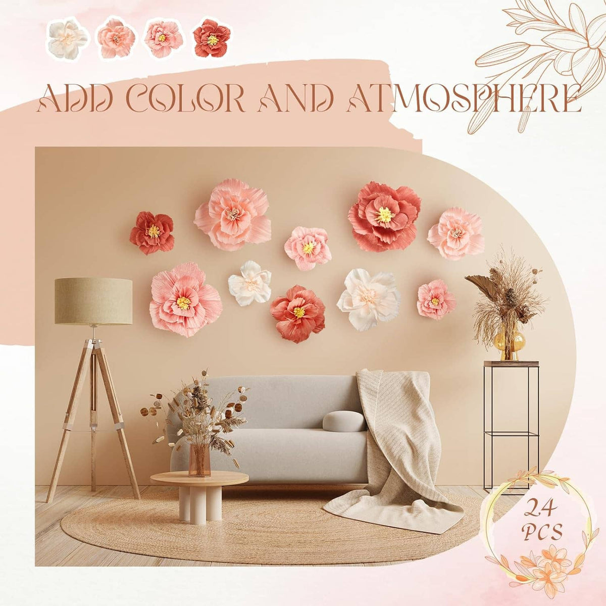 Pastel pink and cream tissue paper flowers scattered on a wall for home decor