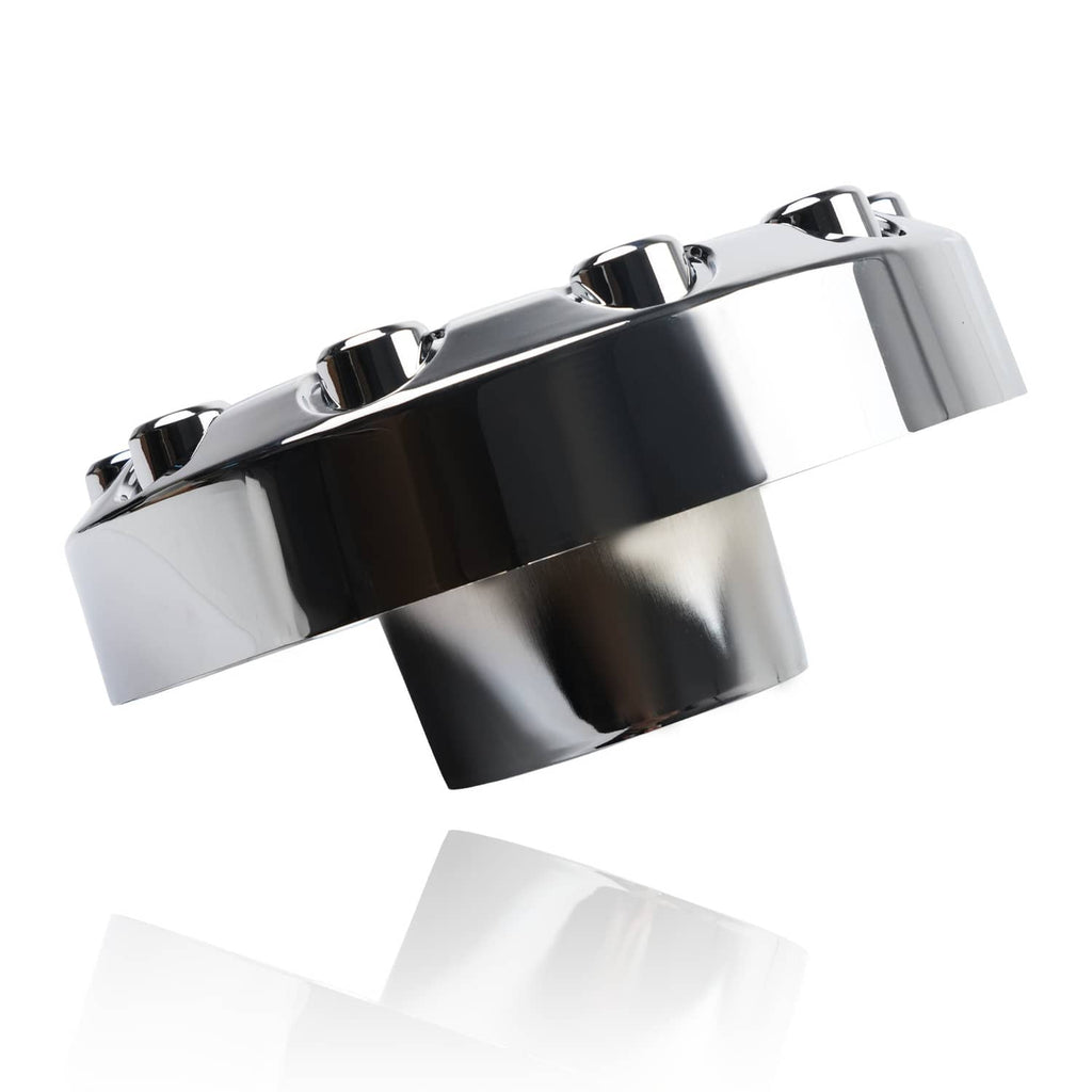 Chrome wheel center hub cap, side view with circular center opening