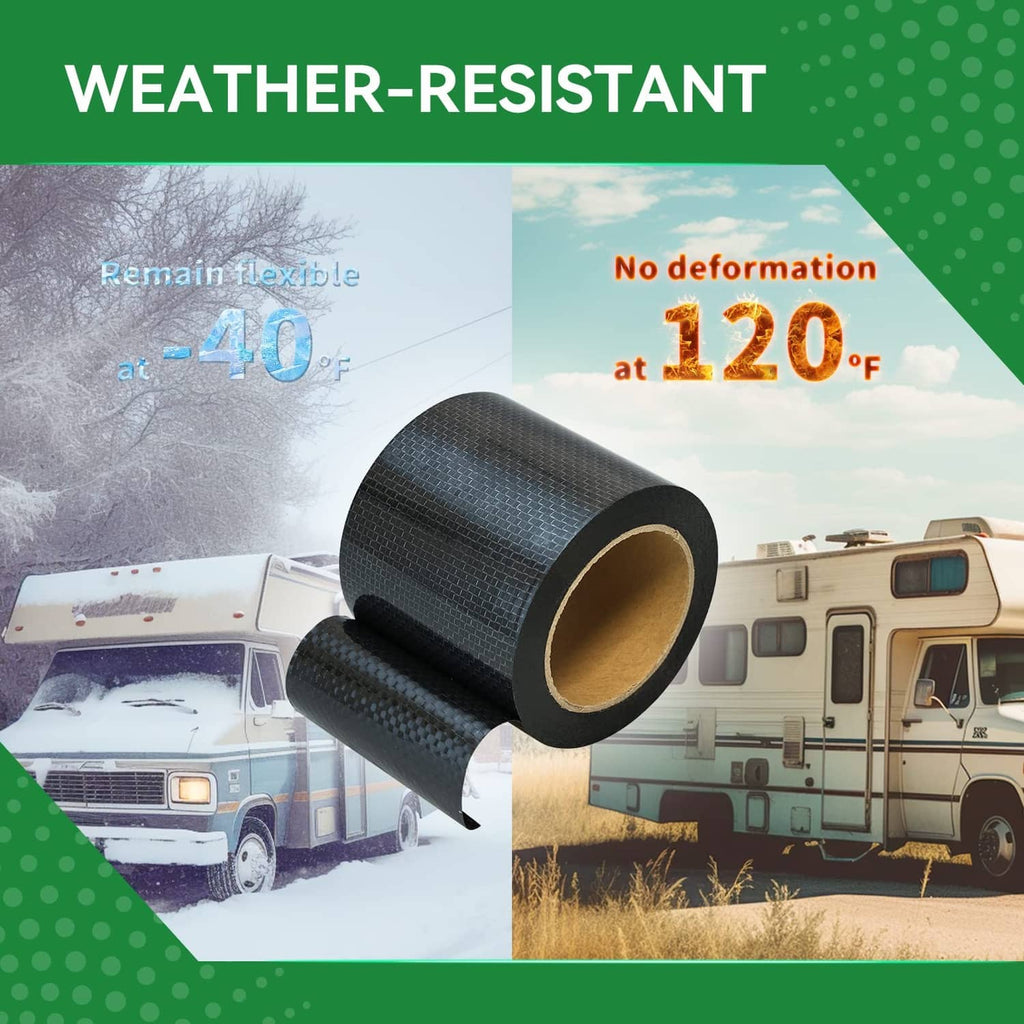 Black RV underbelly repair tape roll with tan core in outdoor scene