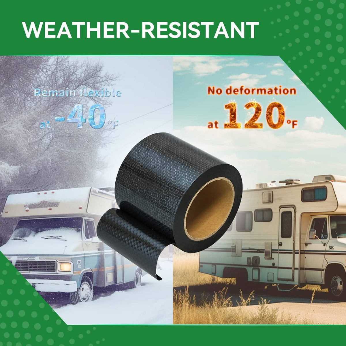 Black RV underbelly repair tape roll with tan core in outdoor scene