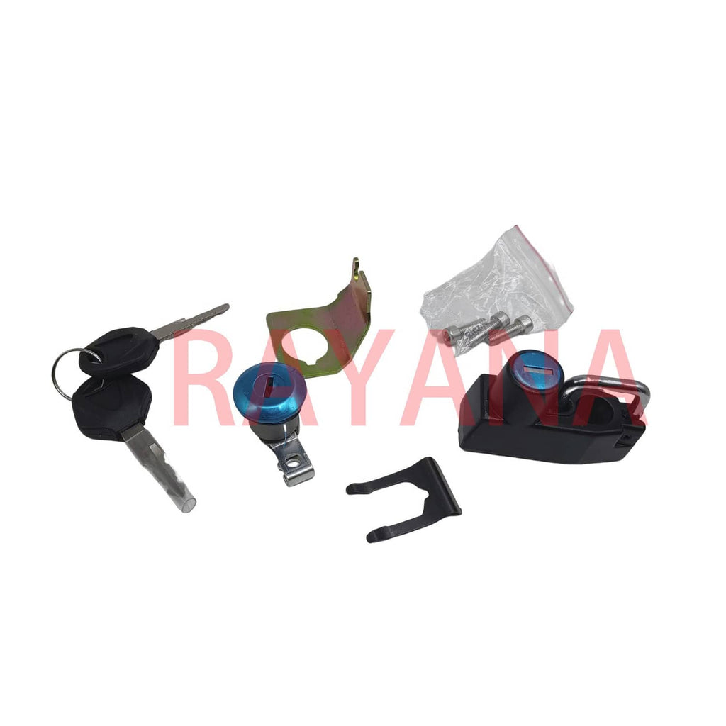 Fuel tank cap and ignition switch set with keys, clips, and small mounting screws