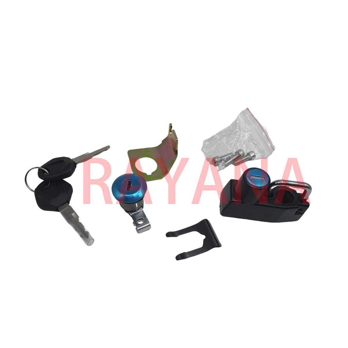 Fuel tank cap and ignition switch set with keys, clips, and small mounting screws